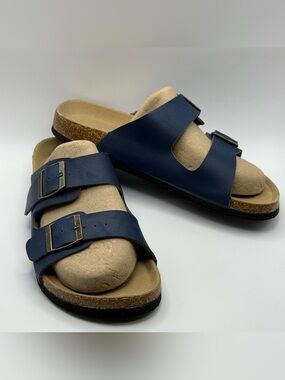 Navy Slide Comfort Sandals Womens 7 EU 37 Blue Leather Shoes MSC Cruise Adj Bckl